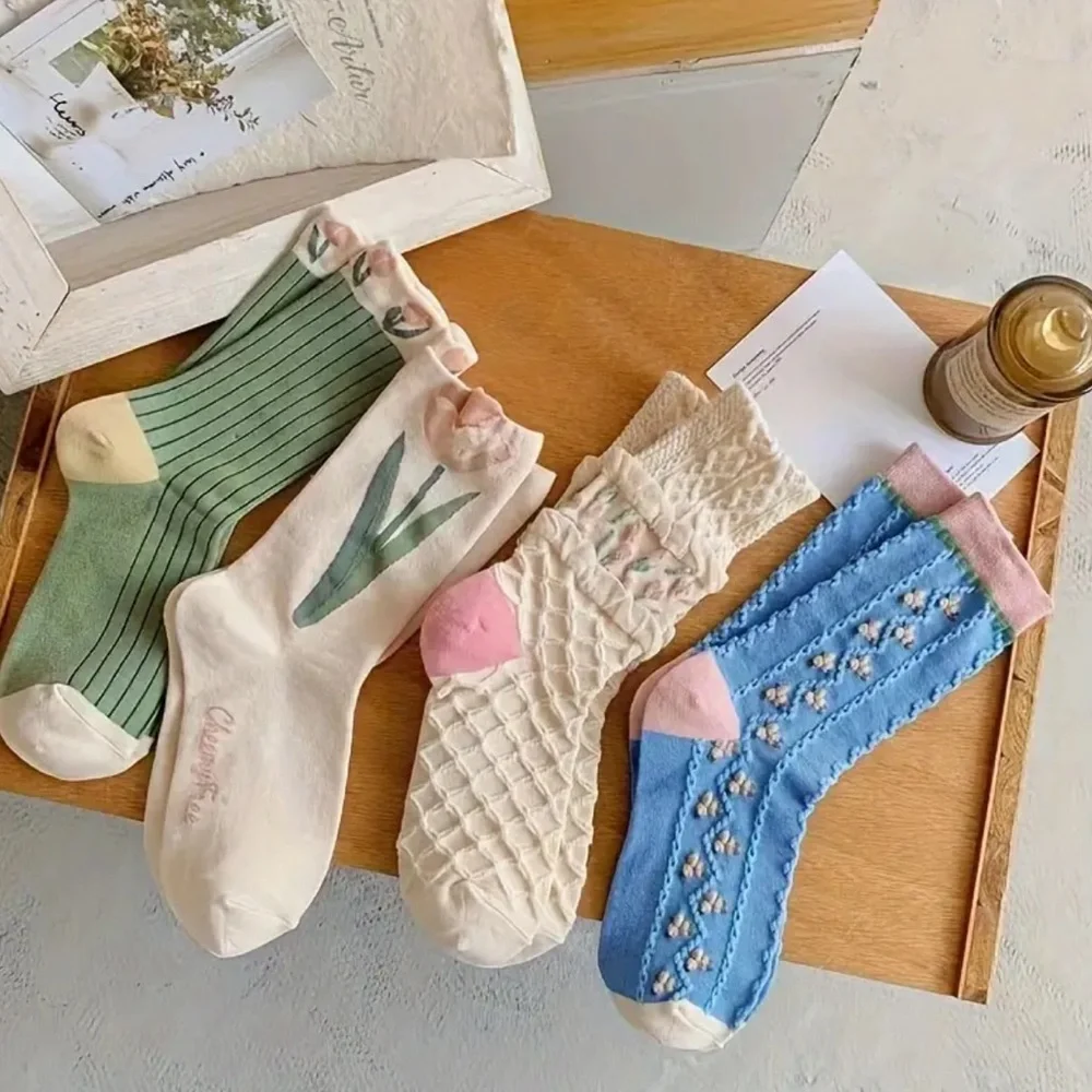 Women Socks & Hosiery 4 Pairs Floral Tulips Embroidered Mid Tube Sock Cozy